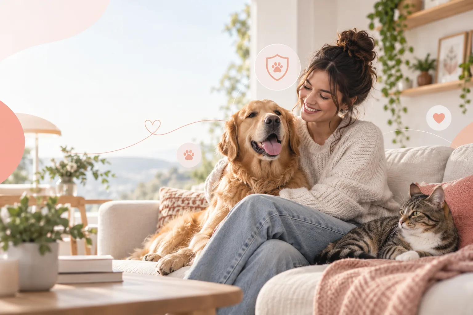 Dog and cat with their owner on a sofa