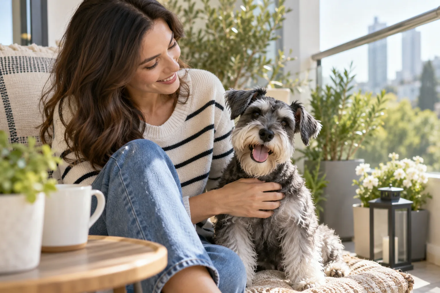 Owner seated with a small dog on a balcony